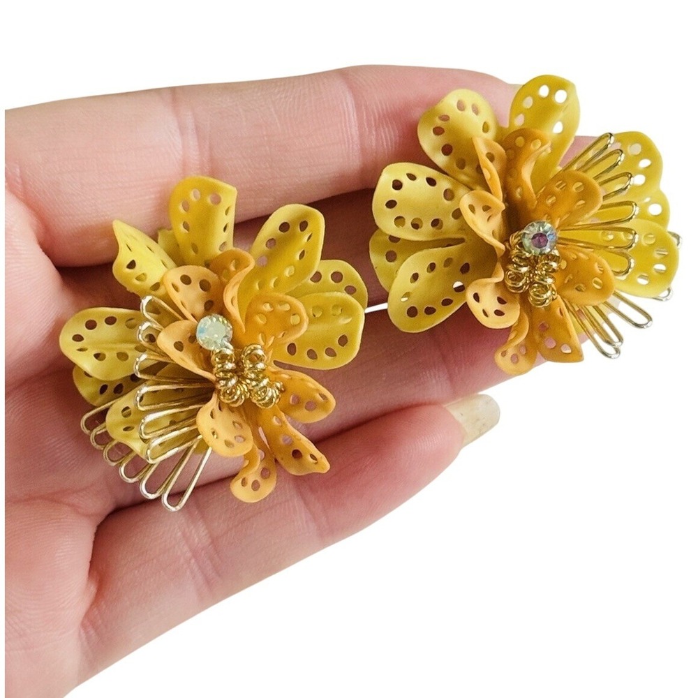 Western Germany Earrings VTG Ribbon Lucite Clip Rhinestone Yellow Orange jeweled